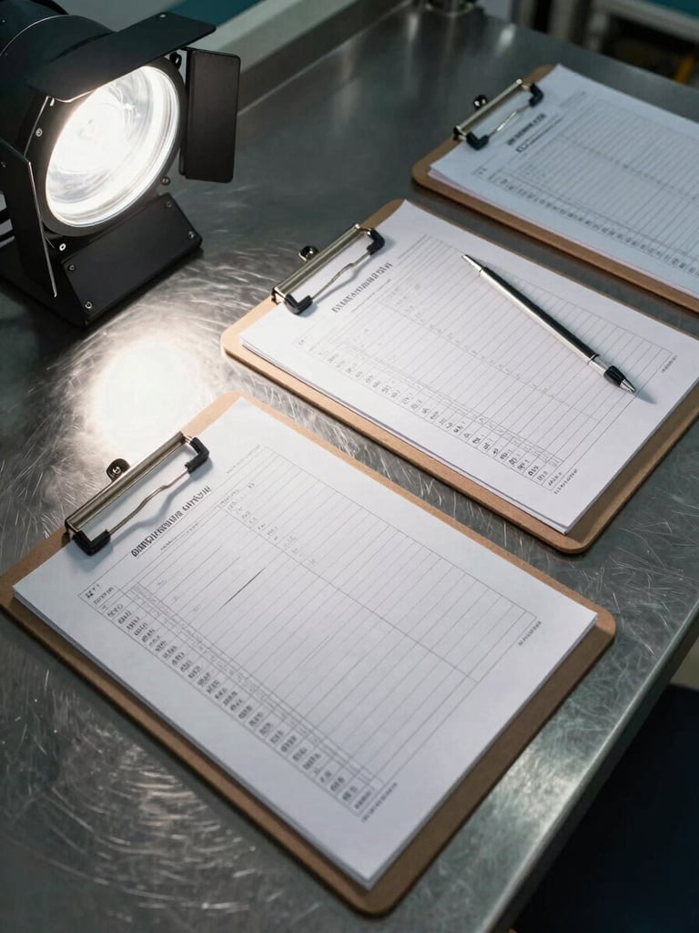 Overhead wide shot of a production line control clipboard on a stainless steel surface, precise studio strobe lighting from upper left casting sharp shadows, printed checklist forms and a calibrated thermometer arranged in ordered sequence, no motion, no hands, institutional stillness