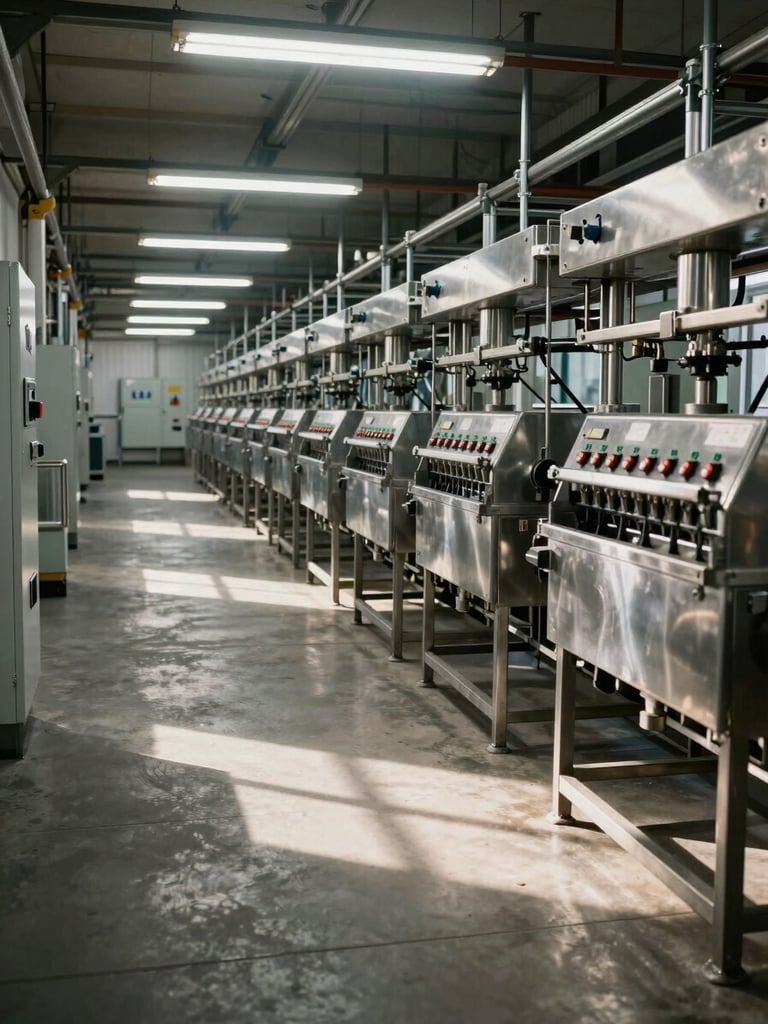 Long corridor perspective inside an agroindustrial facility, empty stainless steel processing line at rest, overhead fluorescent lighting casting sharp shadows on the concrete floor, control panels with labeled switches visible in the background, organized and still, no workers, no motion, high contrast institutional framing