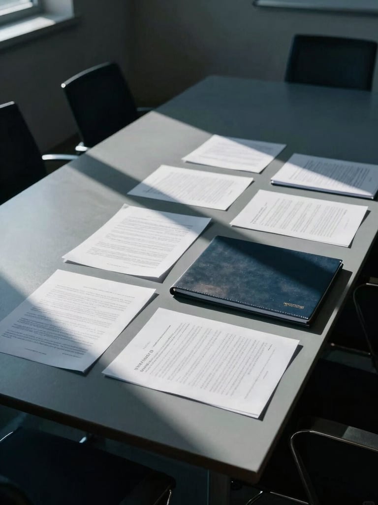 Overhead wide shot of a closed boardroom table in an empty room, single directional light entering from the left casting sharp geometric shadows across a surface of organized documents and a closed governance binder, deep blue ambient tone, high contrast, no people