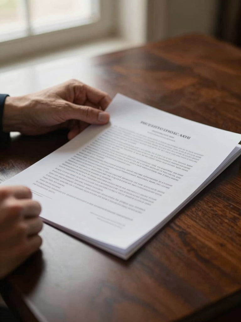Close-up of hands reviewing physical legal documents on a dark mahogany desk, warm window light illuminating the paper textures, shallow depth of field, 35mm