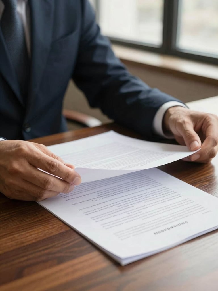 Close-up of hands reviewing physical legal documents on a dark wooden desk, warm natural window light, professional and focused atmosphere, 35mm