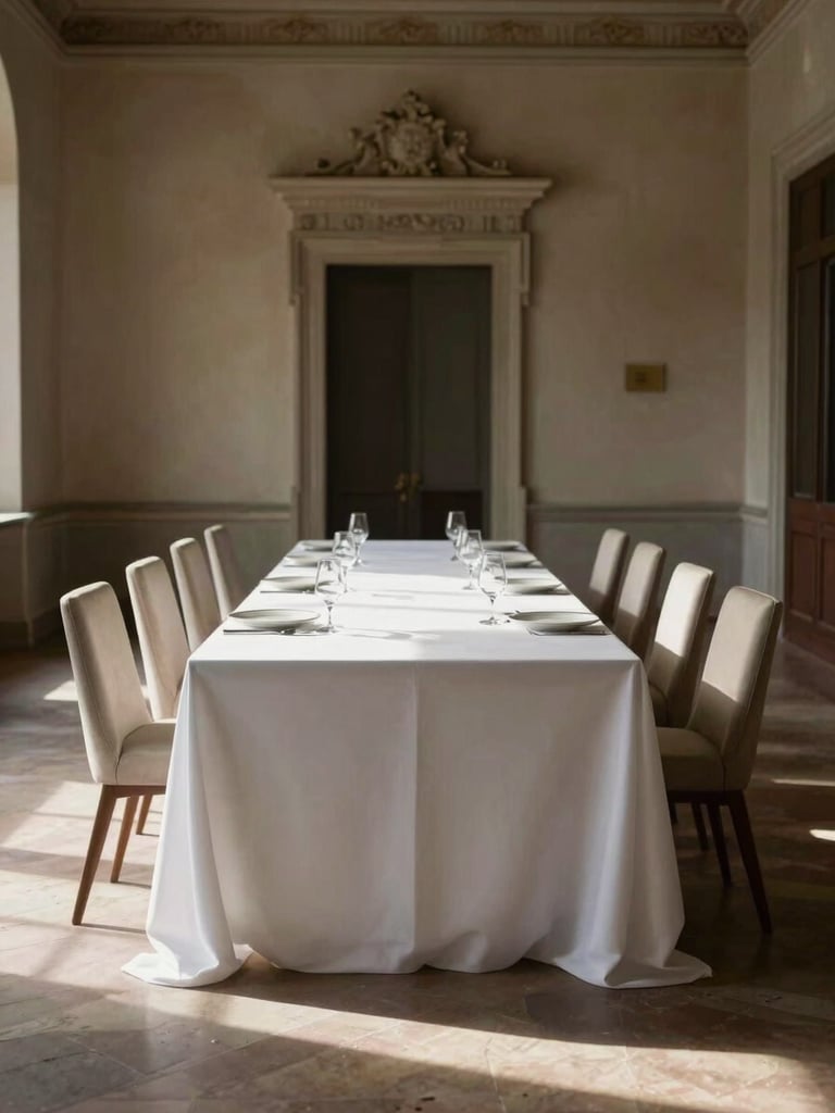 Wide environmental shot of an empty, perfectly set long table in a historic Italian villa, minimal modern tableware, dramatic single-source directional light casting long clean shadows