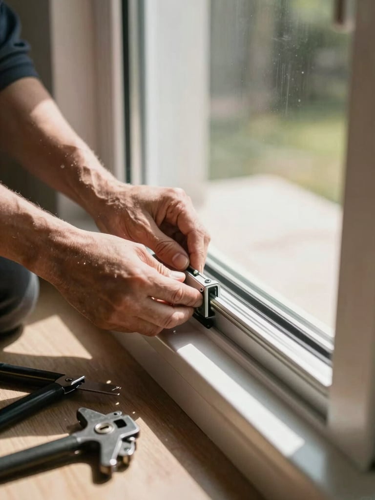 Tight close-up of a technician's hands adjusting a UPVC sliding door track, natural daylight streaming through the door frame onto the aluminium track, tools resting on the floor beside the door sill, real home interior visible out of focus in the background