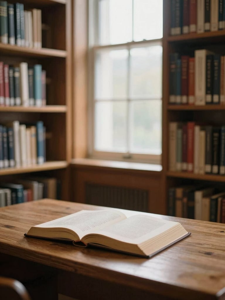 A quiet university library alcove with oak bookshelves, a single open linen-bound book on a wooden desk under soft morning window light, warm editorial photography, 35mm