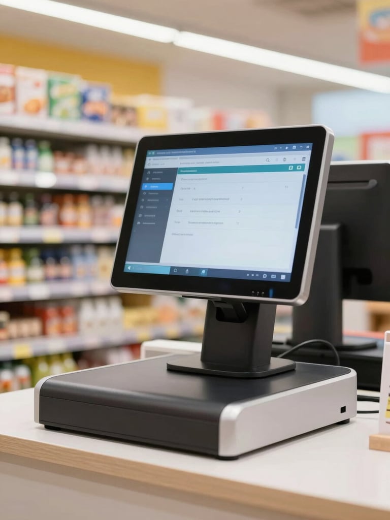 A modern checkout counter in a local grocery store, showing a clean touchscreen monitor with a commercial automation interface, soft ambient store lighting.