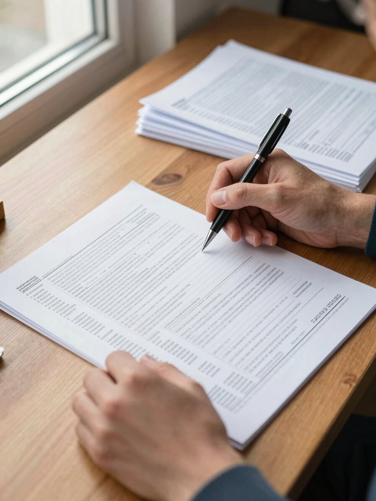 Close-up of hands reviewing printed tax documents on a wooden desk, a pen resting beside organized folders, soft natural window light from the left side, documentary style