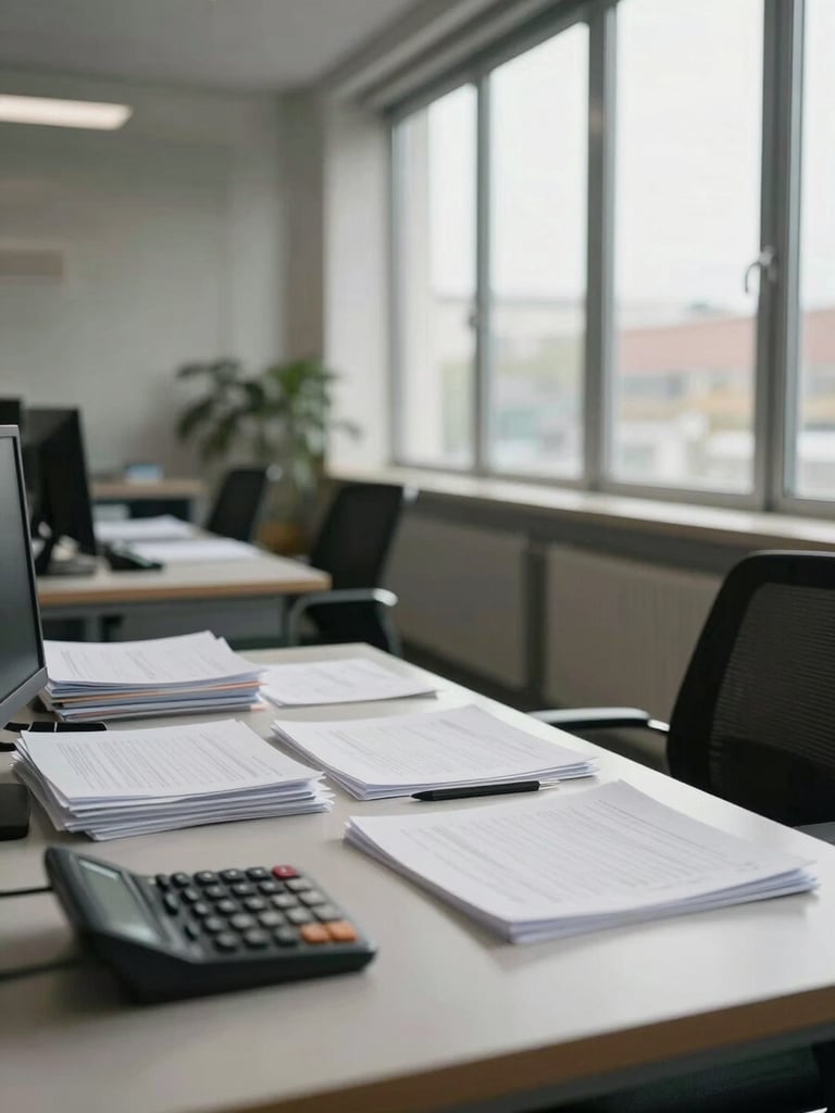 Wide shot of an organized accounting office interior, documents and a calculator on a clean desk, natural daylight streaming through tall windows on the right, muted tones, no people visible