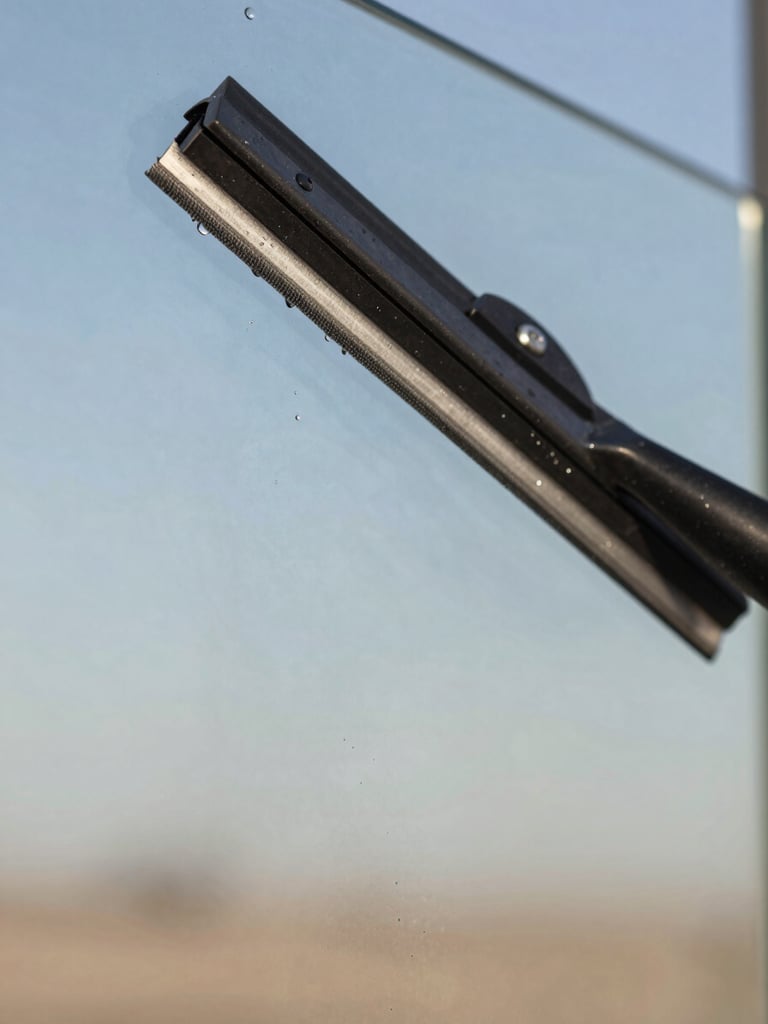 Extreme close-up, tight macro frame: a professional rubber squeegee blade dragging across a large glass pane in bright diffused morning daylight, water beading and sheeting cleanly to one side, glass surface revealing near-perfect clarity with a faint reflection of desert sky, no human face visible, technical and precise