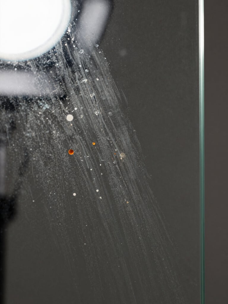 Close-up detail shot of a glass pane surface under raking studio strobe light revealing mineral deposit haze and calcium spots on the left half, the right half crystal-clear after treatment, sharp diagonal boundary between the two states