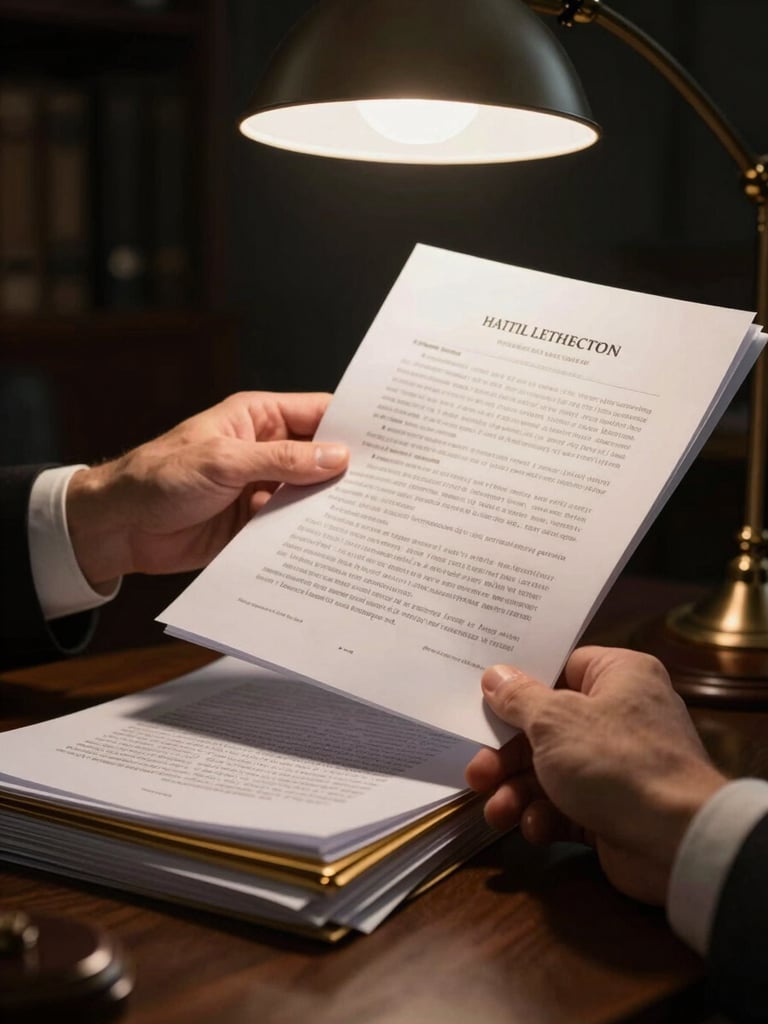 Close medium shot of an attorney's hands reviewing dense legal case files under focused desk lamp light, dark background, gold-toned paper edges visible, deliberate and unhurried composition