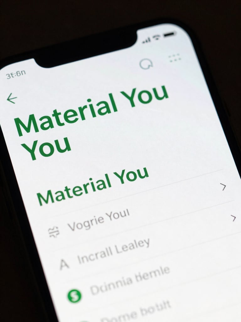 Macro straight-on shot of an Android device screen displaying a dark-mode Material You interface with clean terminal green typography, sharp focus, high-contrast screen glow against deep shadows.