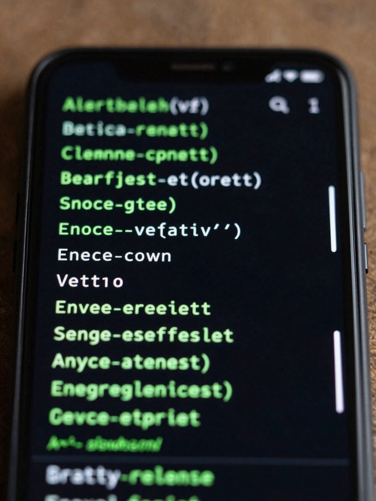 Straight-on macro shot of a flagship Android device screen displaying a terminal-style file manager interface with green monospace text on a deep black background, high screen glow, sharp details.