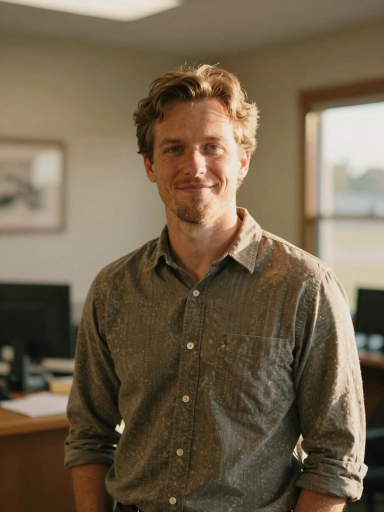 A warm, natural environmental portrait of Wade VanDerBoom in a welcoming Bell County office, soft golden-hour daylight, shallow depth of field, 35mm film style