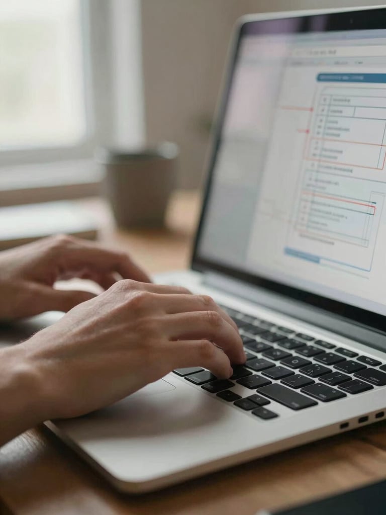 Close-up of hands on a laptop keyboard in a tidy home office, a workflow diagram visible on screen, soft natural window light from the left, shallow depth of field