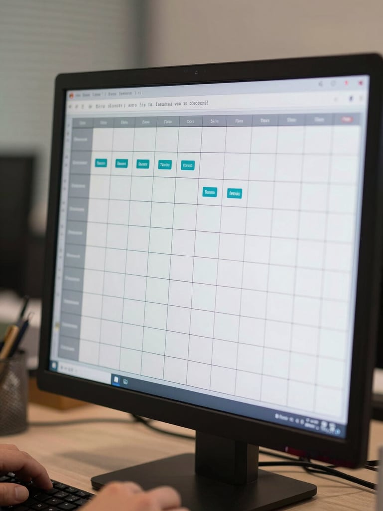 Close-up of a monitor showing a kanban-style process board with labeled columns, hands partially visible on desk, ambient indoor office light, no reflections, minimal background