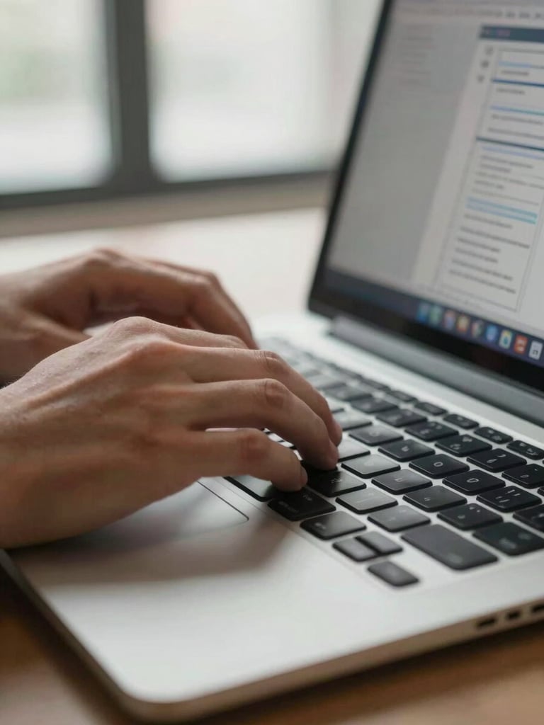 Close-up of hands on a laptop keyboard, a workflow diagram visible on the screen, ambient office window light from the left, tight framing showing just the hands and the screen edge