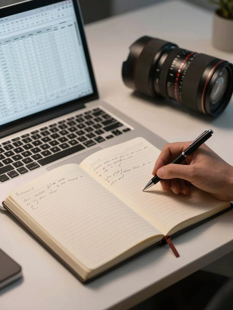 Medium shot of a notebook open beside a laptop showing a time-tracking spreadsheet, overhead ambient office light, pen resting on handwritten notes, clean uncluttered desk