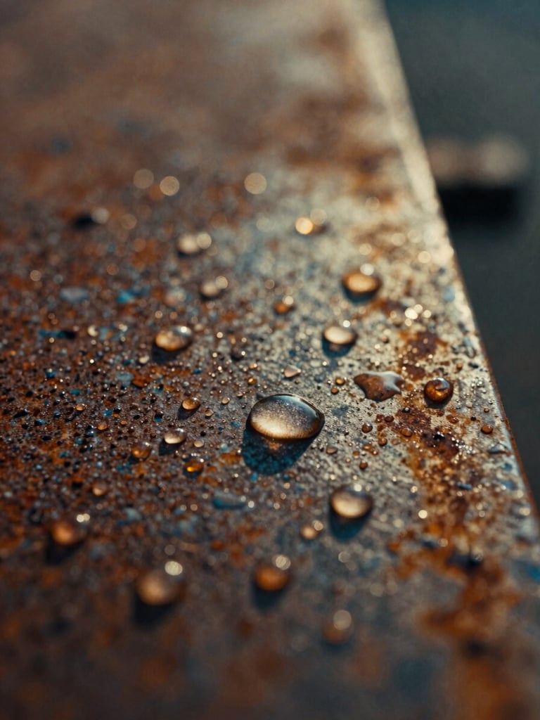 Cinematic portrait, extreme close-up of water droplets on a rusted steel plate, soft golden hour light, shallow depth of field, high contrast, 35mm film texture.