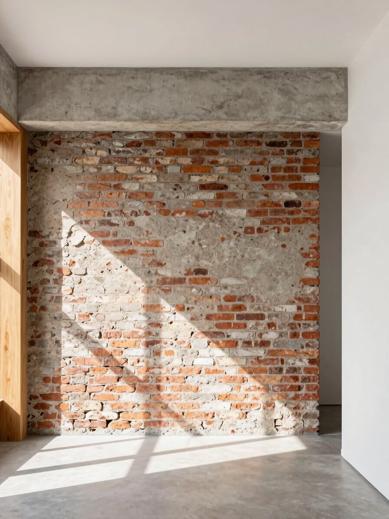 Bright architectural interior showing a renovated Buenos Aires loft, exposed historic brick wall meeting clean raw concrete beam, natural daylight casting sharp geometric shadows, warm timber details, 35mm lens.