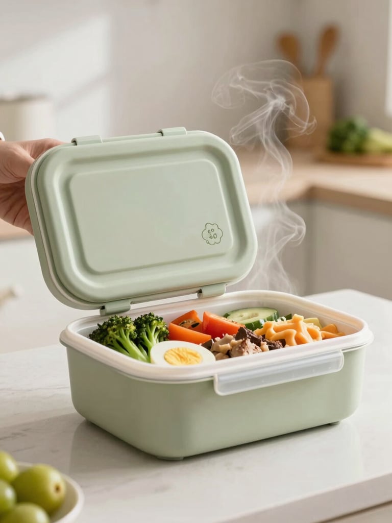 A clean modern meal prep container being opened, revealing a steaming hot, colorful healthy dish, steam rising, soft kitchen background