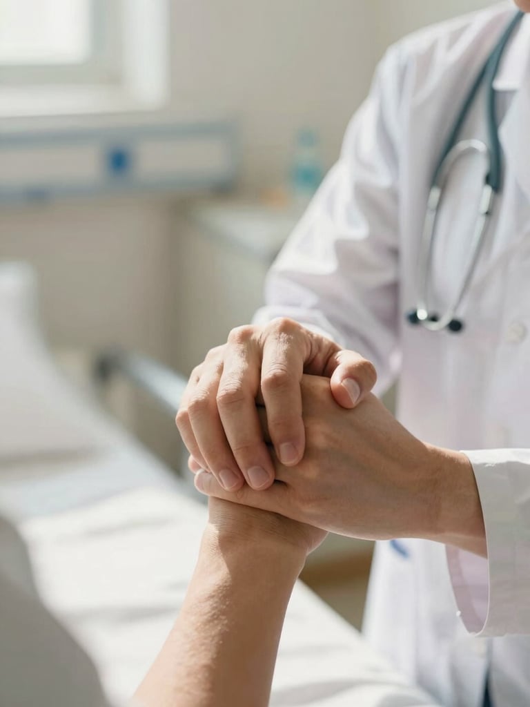 A close-up of a healthcare professional gently holding a patient's hand in a warm, sunlit hospital room, representing empathy and humanization, shallow depth of field