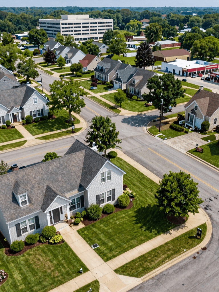 Scenic view of a charming main street in Oldham County, Kentucky, at golden hour, with historic brick buildings and lush trees, clean high-contrast tones, sharp focus, professional editorial style, 24mm lens