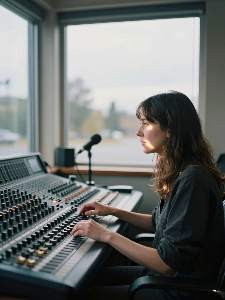 Wide studio frame, Albina seated at a mixing console near a window, cool northern daylight raking across her profile from the left, hands resting on the desk, microphone stand visible in background, documentary stillness