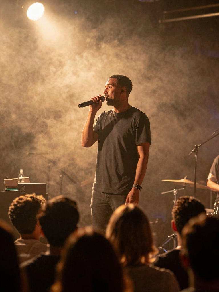 Environmental stage photograph, Albina mid-performance under warm amber stage lighting, microphone in hand, a small venue crowd visible in the foreground blur, smoke haze catching the backlight, genuine work context