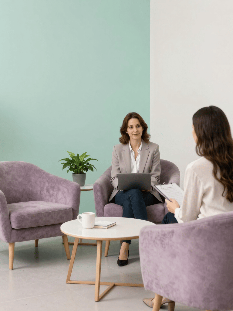 Wide portrait-framed therapy room interior viewed from the doorway threshold — an empty armchair sits in the right third bathed in soft north-facing window light, a trailing plant visible in the far corner, warm off-white walls, late-morning diffused daylight, no people present, contemplative stillness