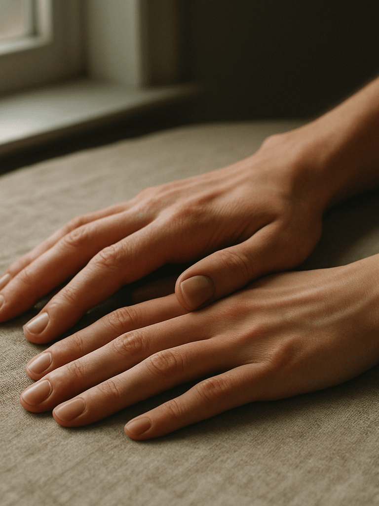 Intimate close-medium shot of two hands resting on a neutral linen surface near a window, soft north-facing daylight, calm and still, warm natural tones, no faces visible