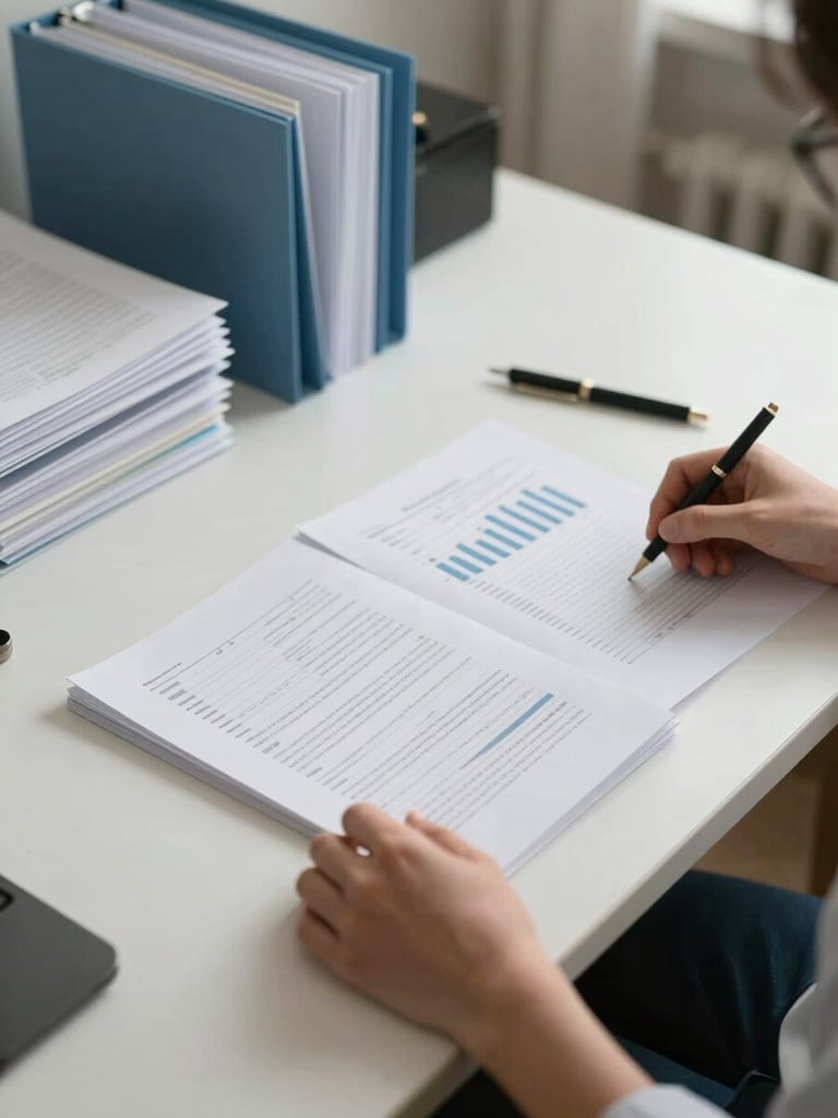 Wide shot of a calm professional workspace, a pair of hands reviewing printed financial documents on a clean desk, organized folders visible to the side, even neutral office lighting, no clutter