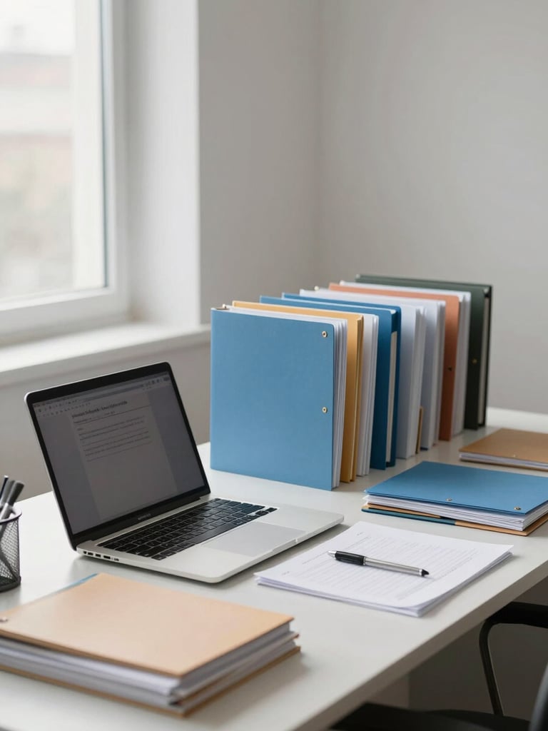 Wide-angle view of a calm professional office desk, open laptop and organized folders on a light surface, even north-facing office light, no people, clean and orderly workspace
