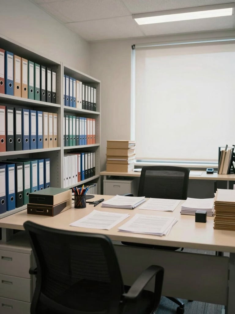 Wide panoramic view of a calm accounting office workspace, organized binders on shelves to the left, a desk with open documents in the center, even north-facing office light, no people, generous negative space on the right