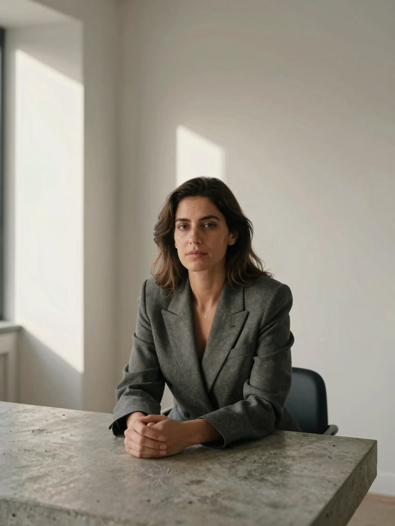 Vertical editorial portrait: a woman entrepreneur seated at a raw concrete desk, Lisbon afternoon light entering from the left, structured jacket, hands loosely folded, quiet confidence, wide crop with space above and to the right