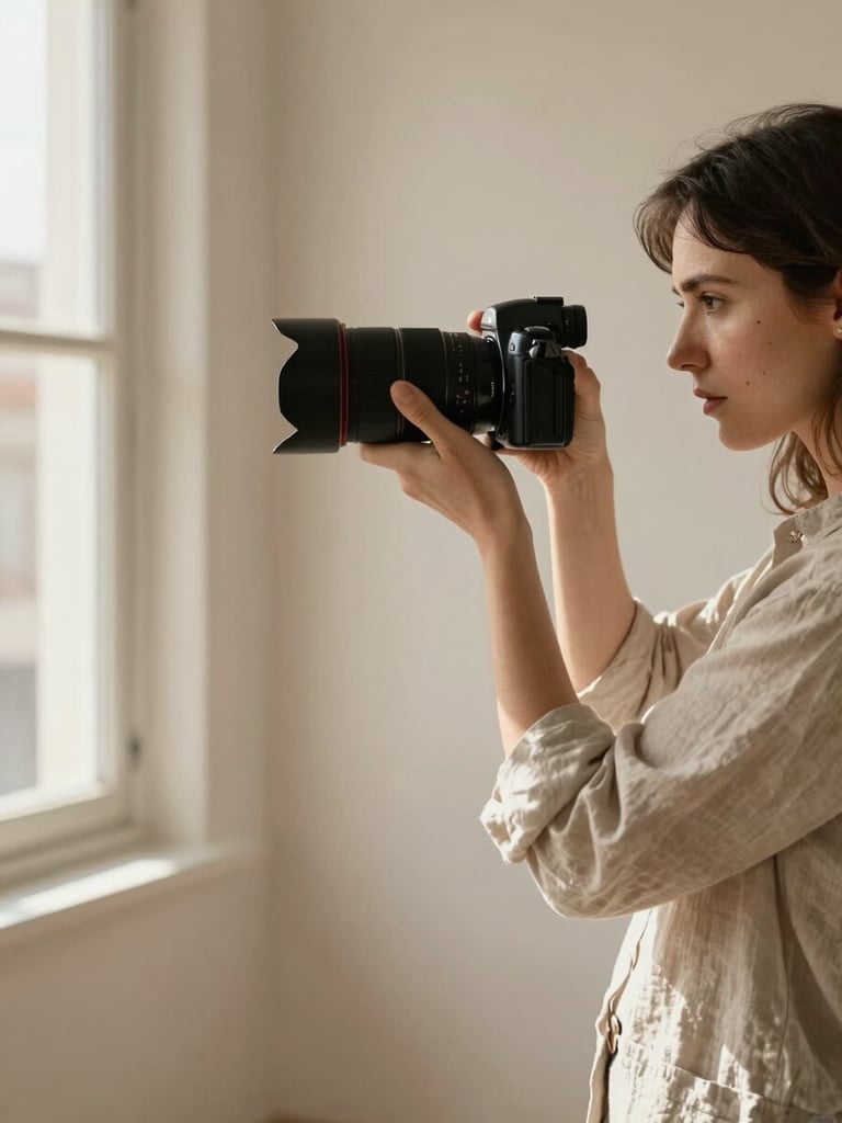 Close crop, left-side composition — a woman photographer standing in a high-ceilinged Lisbon studio, warm north-facing daylight streaming from a tall window to her left, she adjusts a camera lens with deliberate hands, soft cream wall behind her, neutral linen clothing, shadow falling gently across the lower half of the frame, observed not posed