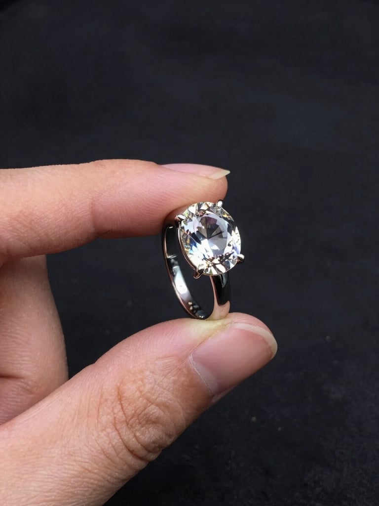 Vertical close-up of a jewellery brand's ring held between fingertips against a dark ink-toned background, directional strobe, specular highlight on the stone