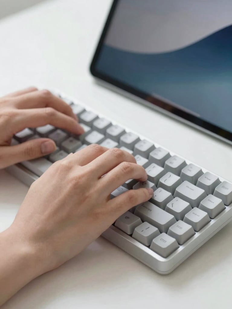 Close-up of hands typing on a mechanical keyboard, clean desk setup with a modern tablet, soft natural daylight, cool screen glow, minimalist tech aesthetic