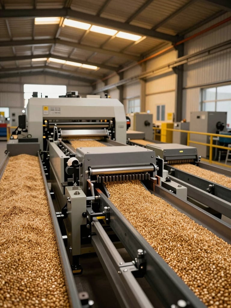 Wide panoramic industrial shot of optical sorting machinery mid-operation on a processing line, amber-lit warehouse opening behind, mechanical conveyors in motion carrying grain through electromagnetic extraction chambers, left side of frame flush against canvas edge