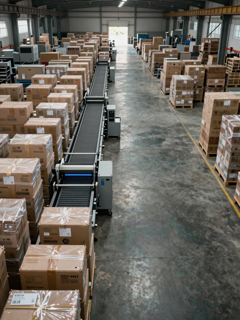 Panoramic overhead shot of a large-format warehouse operations floor — industrial sodium vapor lighting raking across rows of sealed export crates, optical sorting conveyor visible mid-frame left, wide negative space of concrete floor to the right showing infrastructure scale, no people visible