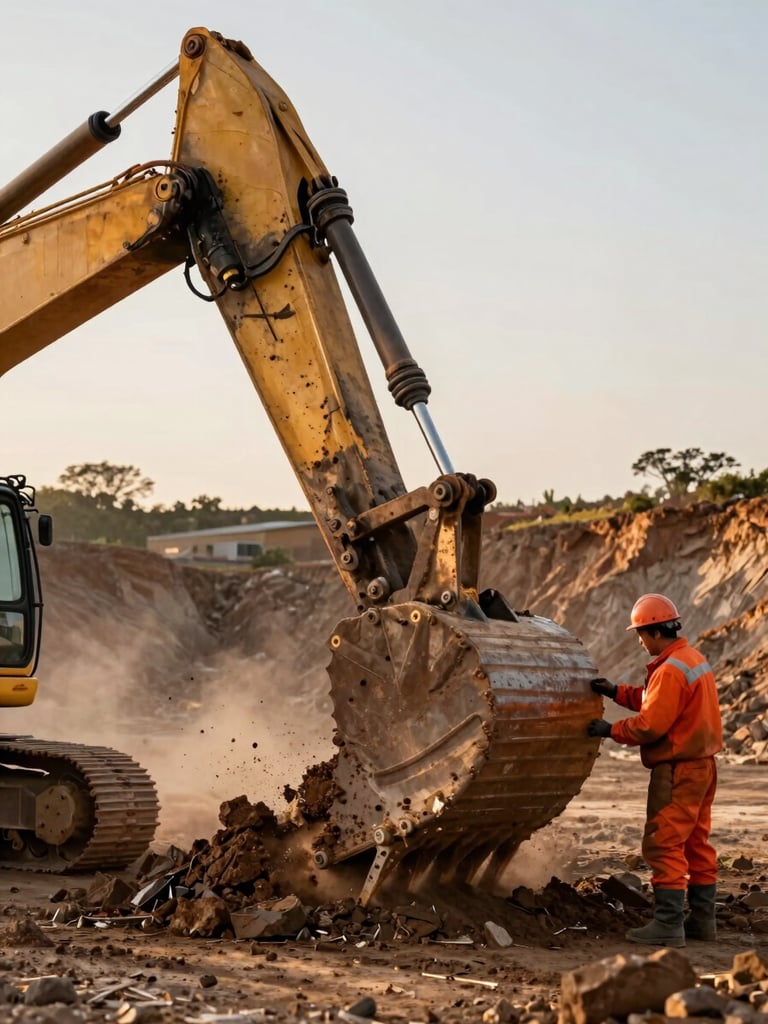 Close-up wide shot of a massive hydraulic excavator bucket breaking ore on a terraced pit bench at golden hour, a worker in full orange PPE and hard hat visible in foreground checking equipment, warm dust and machinery scale filling the frame