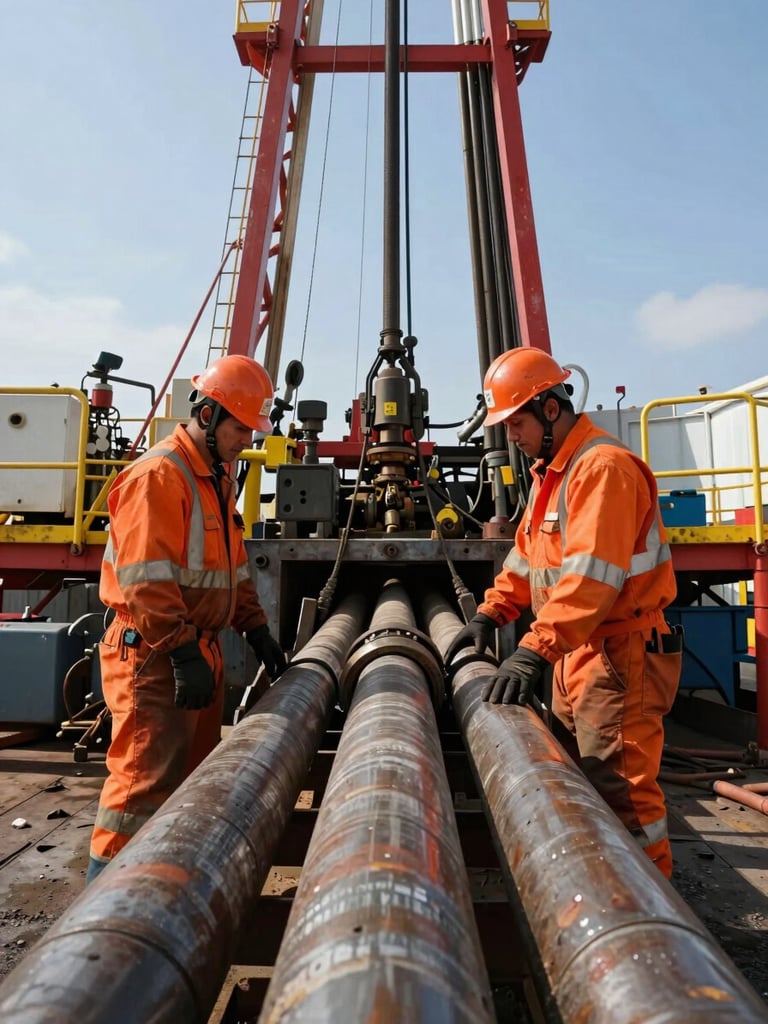 Close-up ground-level view of two workers in full orange safety gear and hard hats on an active drilling platform, heavy drill pipe and rigging in the foreground, oil derrick structure rising behind them under clear daylight, industrial steel surfaces sharp and detailed