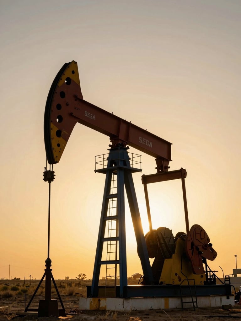 Tall portrait shot of a pump jack in golden-hour light, iron horse silhouette against warm amber sky, dry scrubland visible at base, no people, mechanical detail of walking beam and horsehead sharp