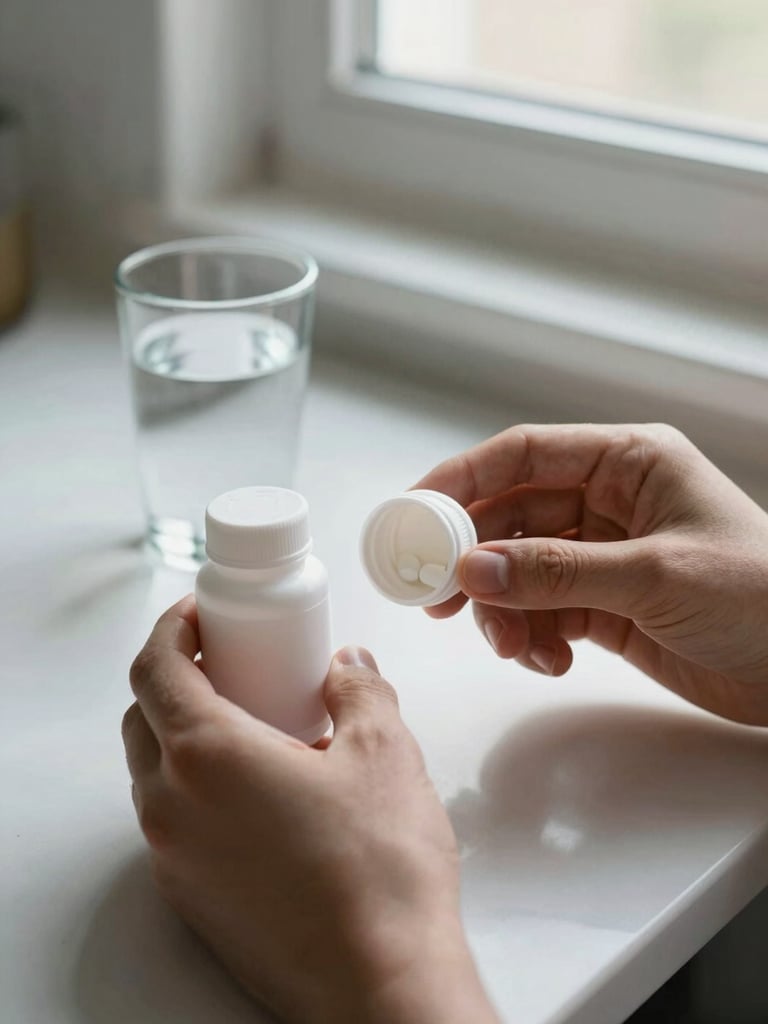 Documentary close-up of a person's hands at a kitchen table, holding a white prescription pill bottle, a glass of water beside it, morning light from a nearby window, no faces visible — unposed, routine, real