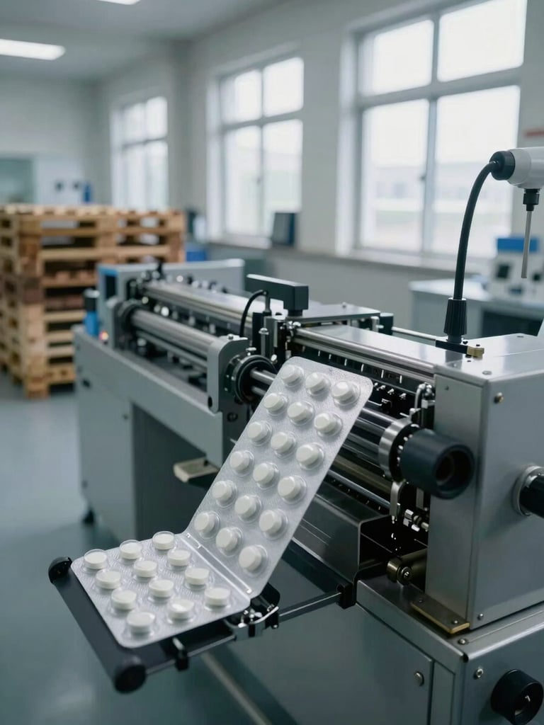 Wide environmental shot of a pharmaceutical tablet packaging line in operation, blister pack machinery running under north-facing daylight through factory windows, supply pallets staged in left background, no workers posed, documentary style, cool neutral tones