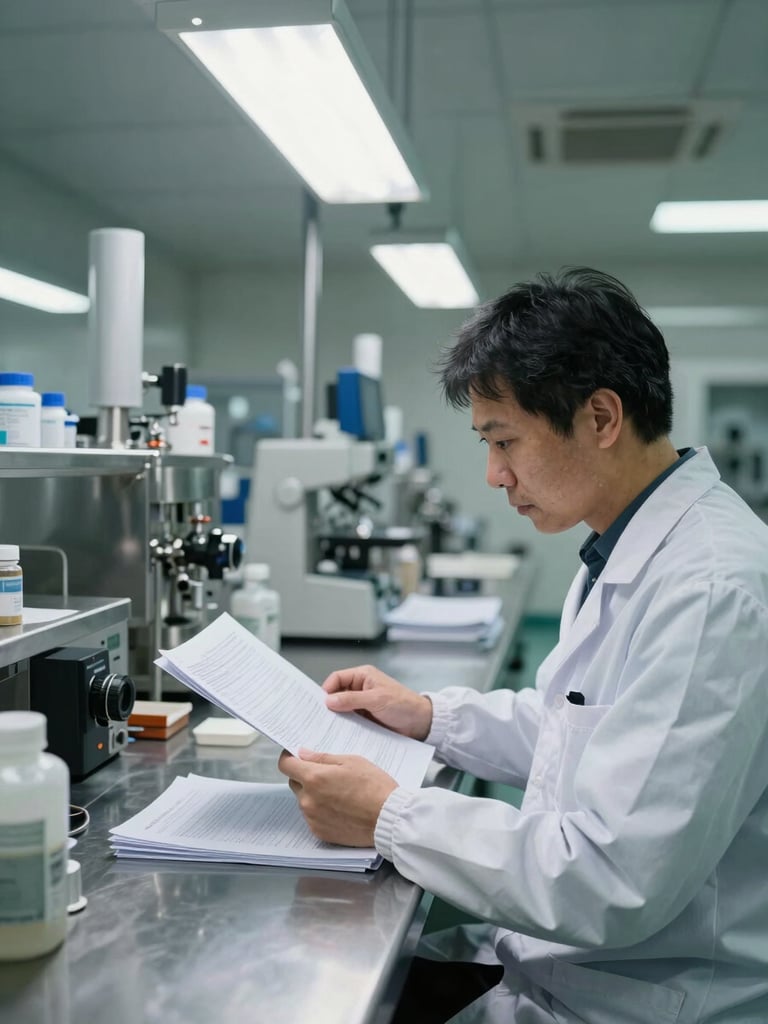 Wide environmental shot of a pharmaceutical production technician at a stainless steel workstation, reviewing batch documentation under clinical overhead lighting, manufacturing floor visible in background, documentary framing, cool neutral tones, no direct eye contact