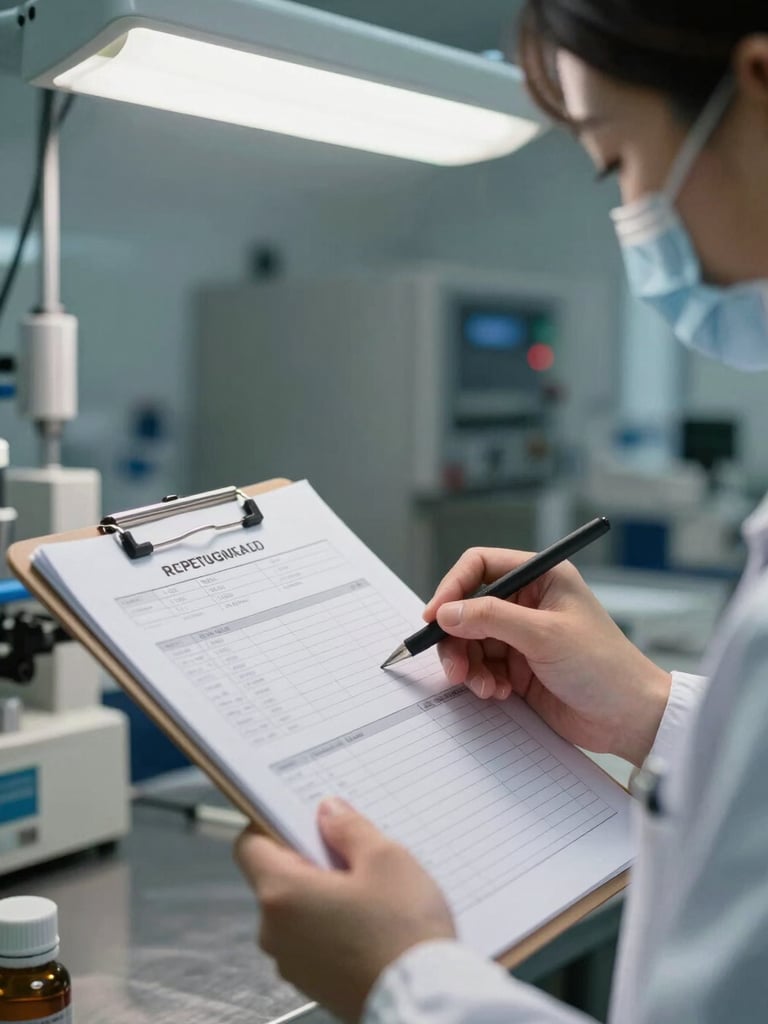 Close-up of a pharmaceutical quality control technician reviewing batch release documentation on a clipboard in a GMP facility, clinical overhead lighting, stainless steel equipment visible in background, documentary framing, no color grading