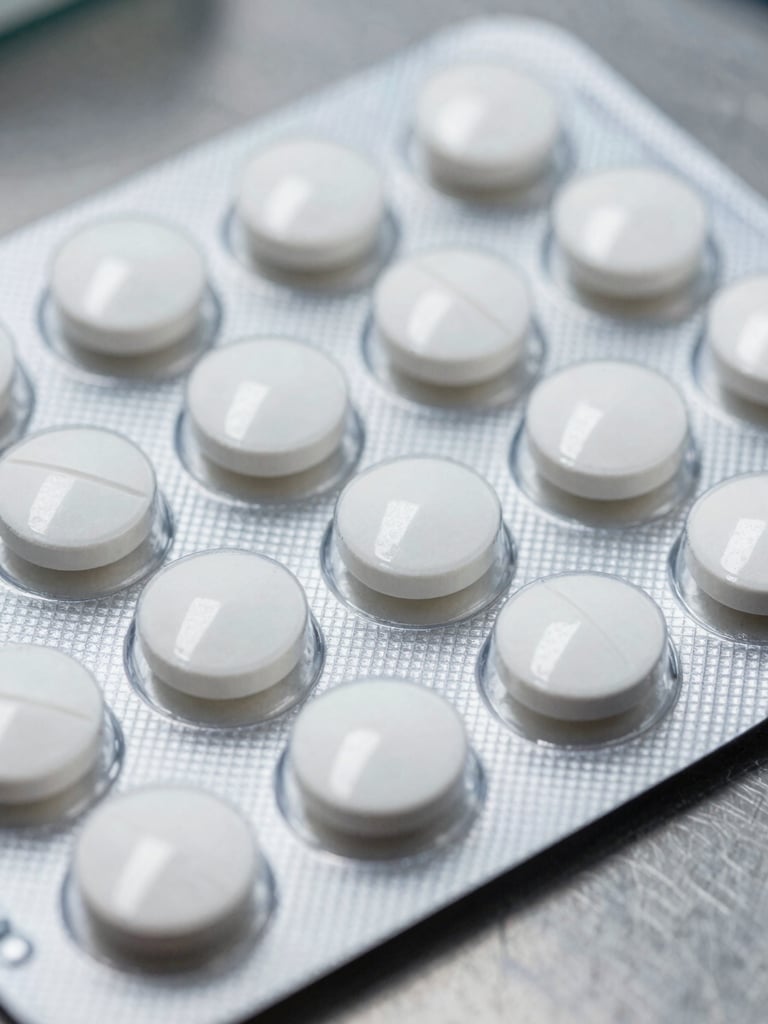 Close-up macro shot of white scored tablets arranged in a blister pack on a stainless steel manufacturing surface, clinical overhead lighting, sharp focus on pill embossing detail, no shadows, documentary industrial framing