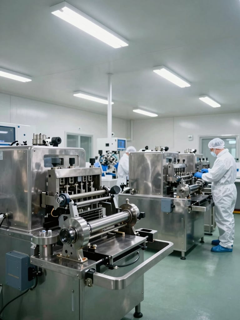 Wide-angle view of a pharmaceutical manufacturing floor during operation, stainless steel tablet press machines in the foreground, workers in white cleanroom suits attending equipment, clinical overhead fluorescent lighting, no shadows, documentary framing
