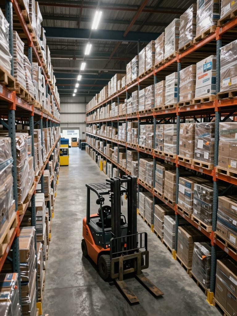 Elevated wide-angle view from the mezzanine level of a large active distribution warehouse — rows of heavy inventory racking receding into depth, a forklift mid-motion in the main aisle, overhead fluorescent banks casting hard practical light across the concrete floor, no faces visible, the full operational scale visible in one frame
