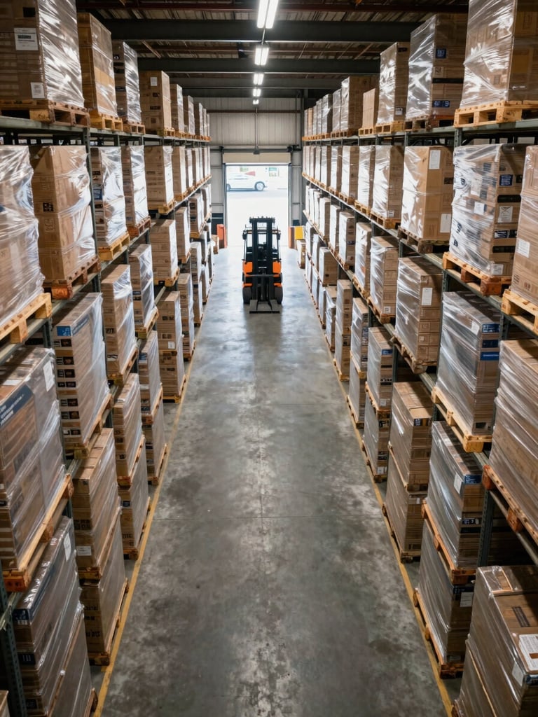 Elevated view looking down a warehouse aisle — heavy pallets of freight stacked uniformly under practical overhead fluorescence, a forklift mid-travel in the far aisle, concrete floor stretching to loading dock doors open to daylight at the far end